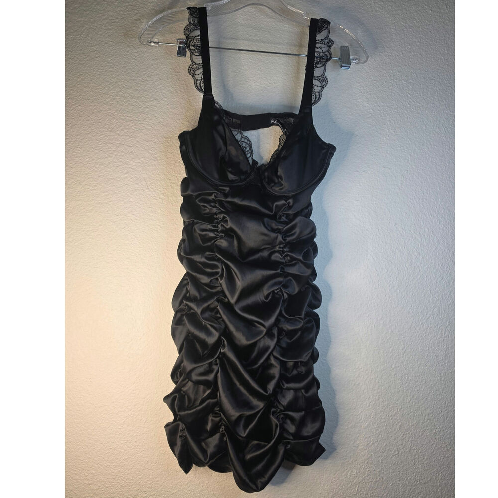 For Love & Lemons Black Satin "Swirly" Ruched Lace Trim Mini Dress Vamp Witchy S
